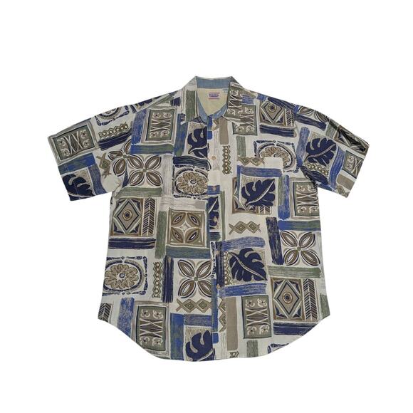 Vintage Bugle Boy Tropical Hawaiian Button Down Shirt Short Sleeve Collared Tan - Picture 1 of 3